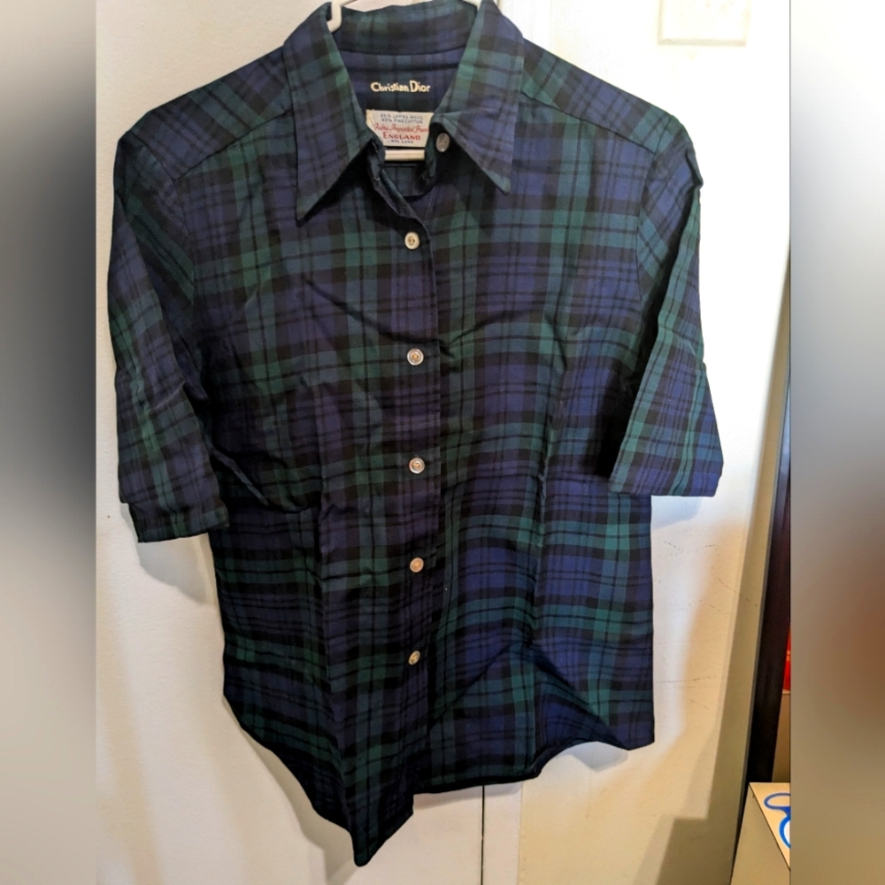 Christian Dior Vintage Plaid Button-Up Short Sleeve Top Shirt